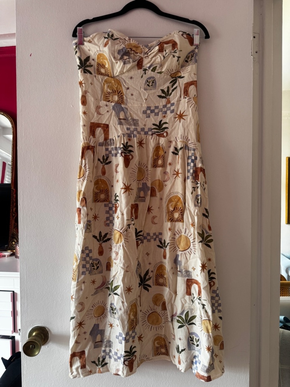 Anthropologie Cream Linen Printed Dress with Drop Waist